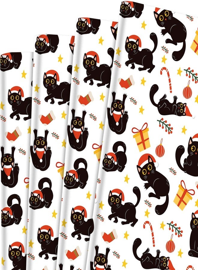 Bolsome 12 Sheets Cat Christmas Wrapping Paper Adorable Cartoon Xmas Black Kitty in Santa Hats Gift Wrap Paper for Holiday Xmas Party Celebration, 20" x 28" (Cat) - Image 1